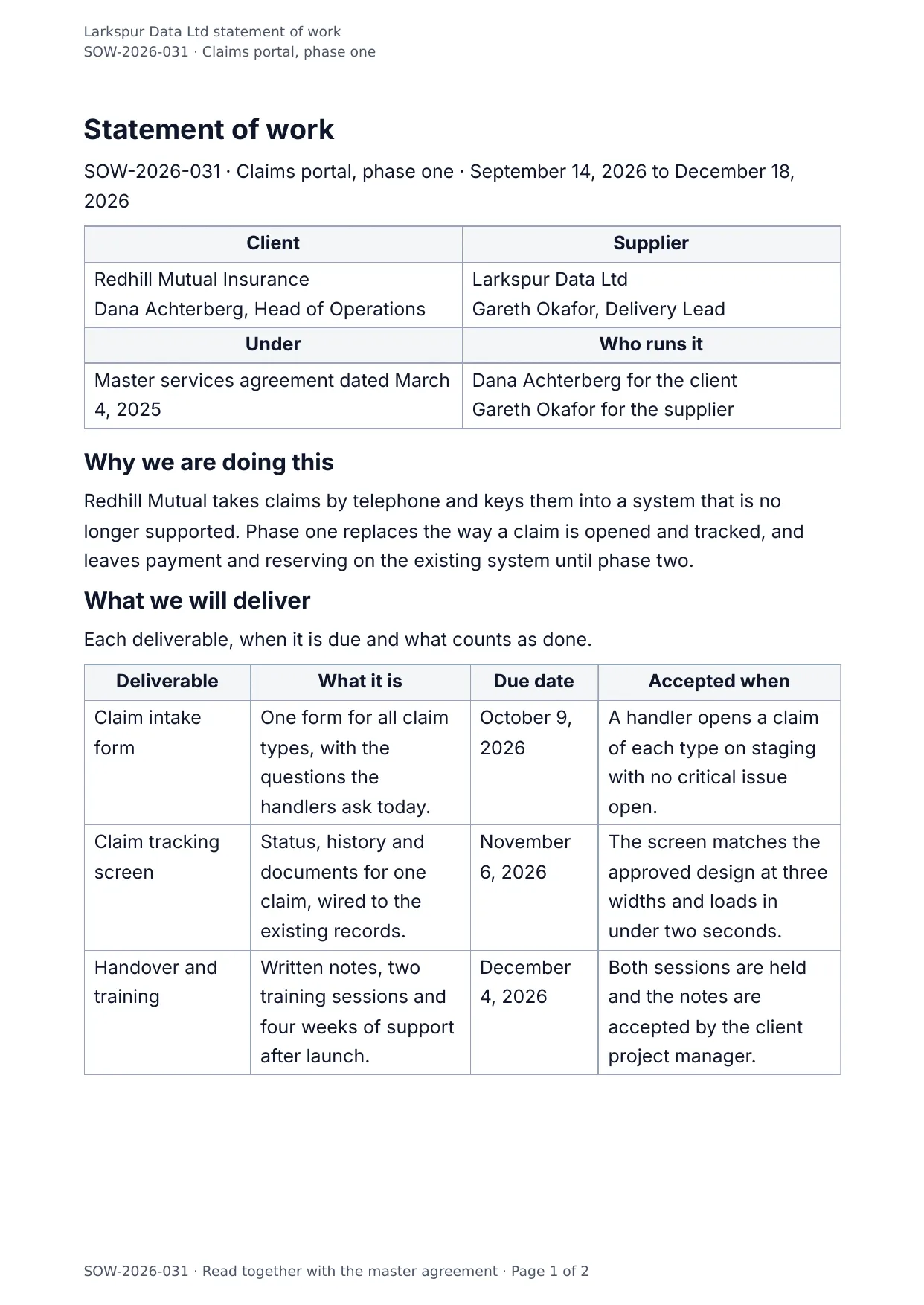 The document DocMake makes from the Statement of Work template