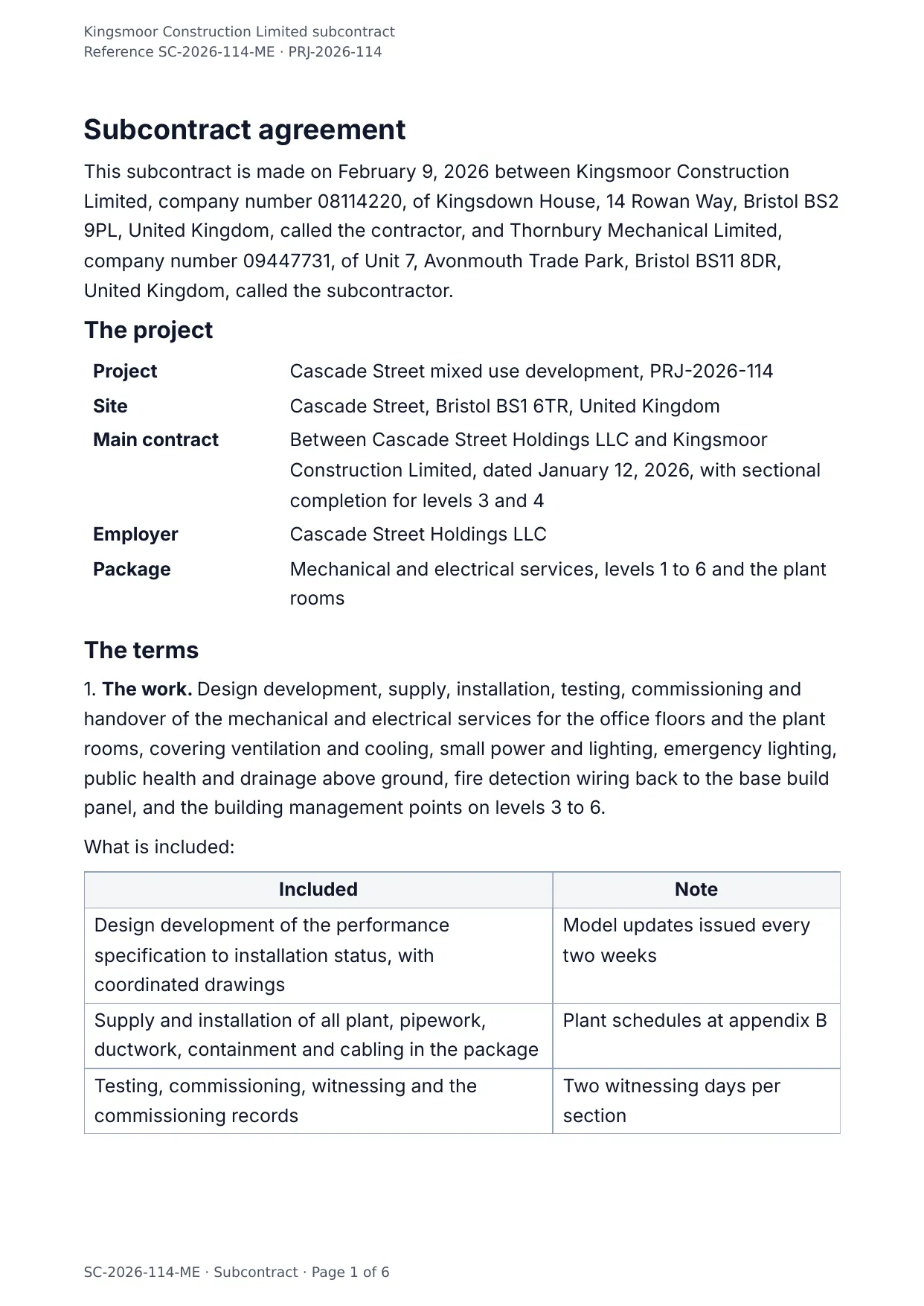 The document DocMake makes from the Subcontractor Agreement template
