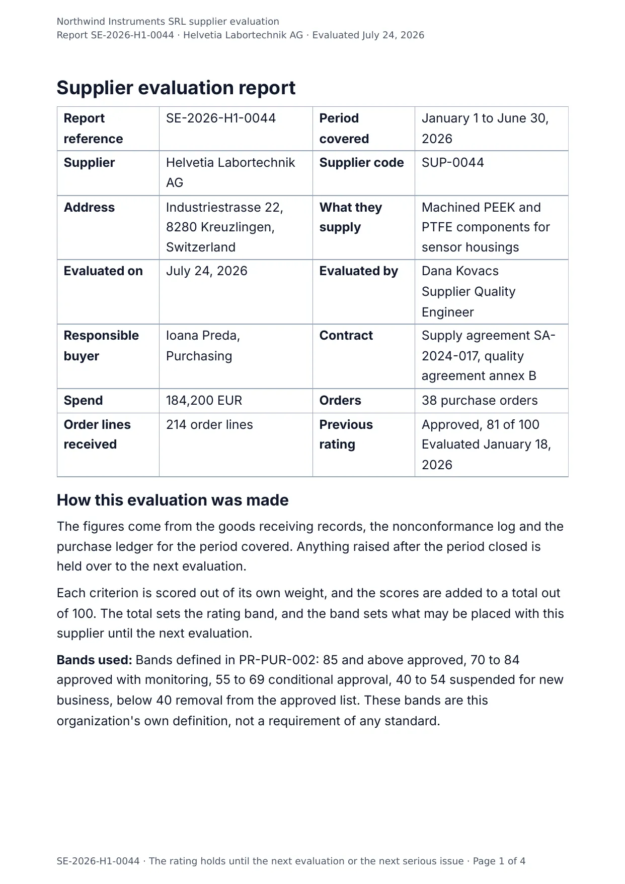 The document DocMake makes from the Supplier Evaluation Report template