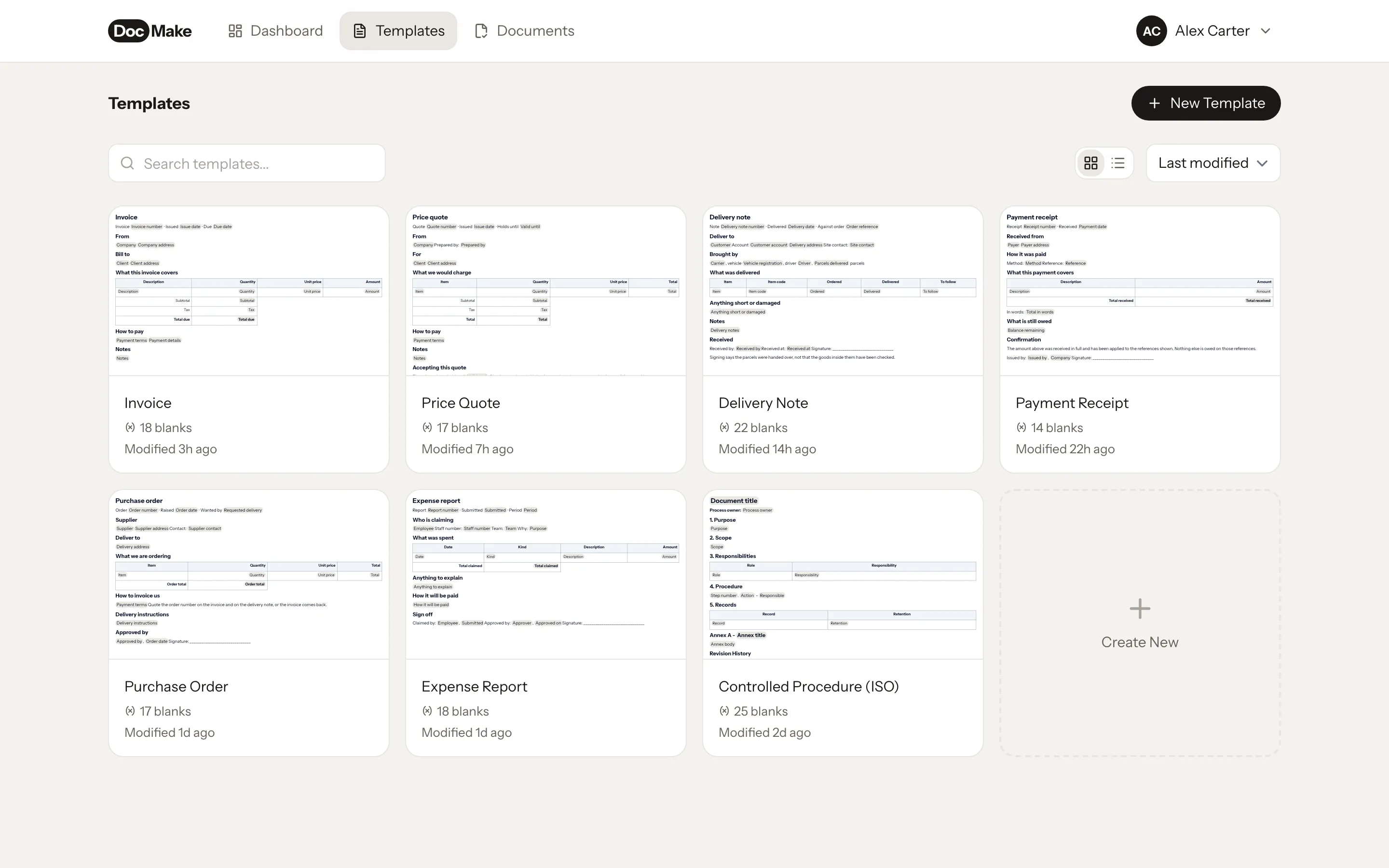 The template library in DocMake with live previews of an invoice, NDA, offer letter, and ISO procedure