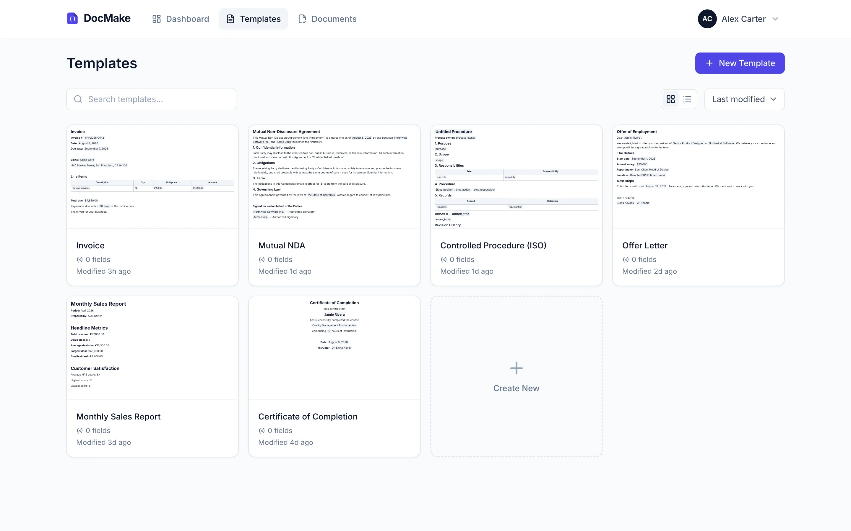 The template library in DocMake with live previews of an invoice, NDA, offer letter, and ISO procedure