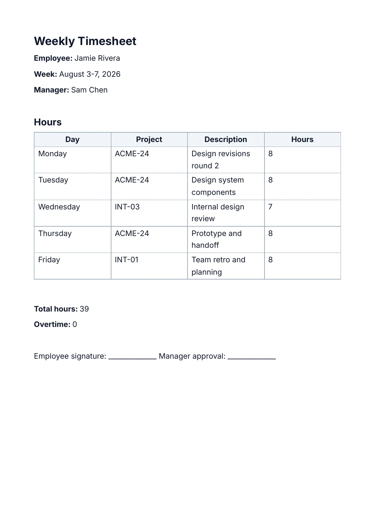 Weekly Timesheet template rendered by DocMake