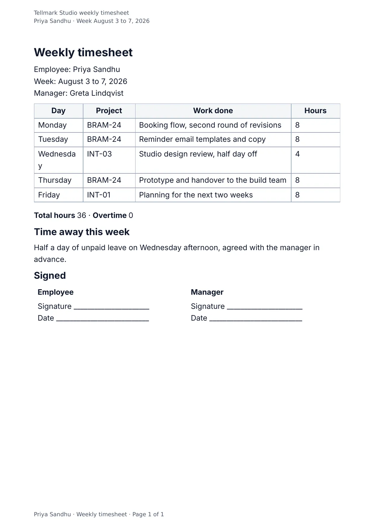The document DocMake makes from the Weekly Timesheet template