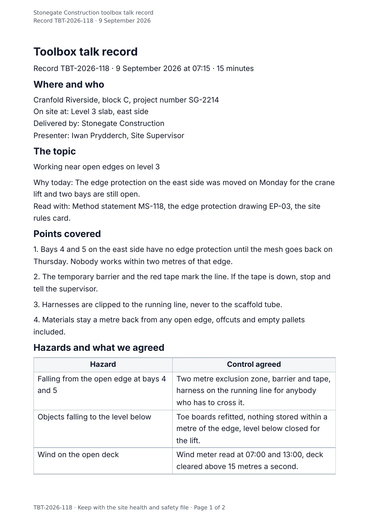 The document DocMake makes from the Toolbox Talk Record template
