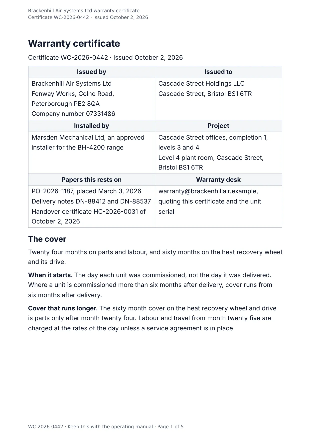 The document DocMake makes from the Warranty Certificate template