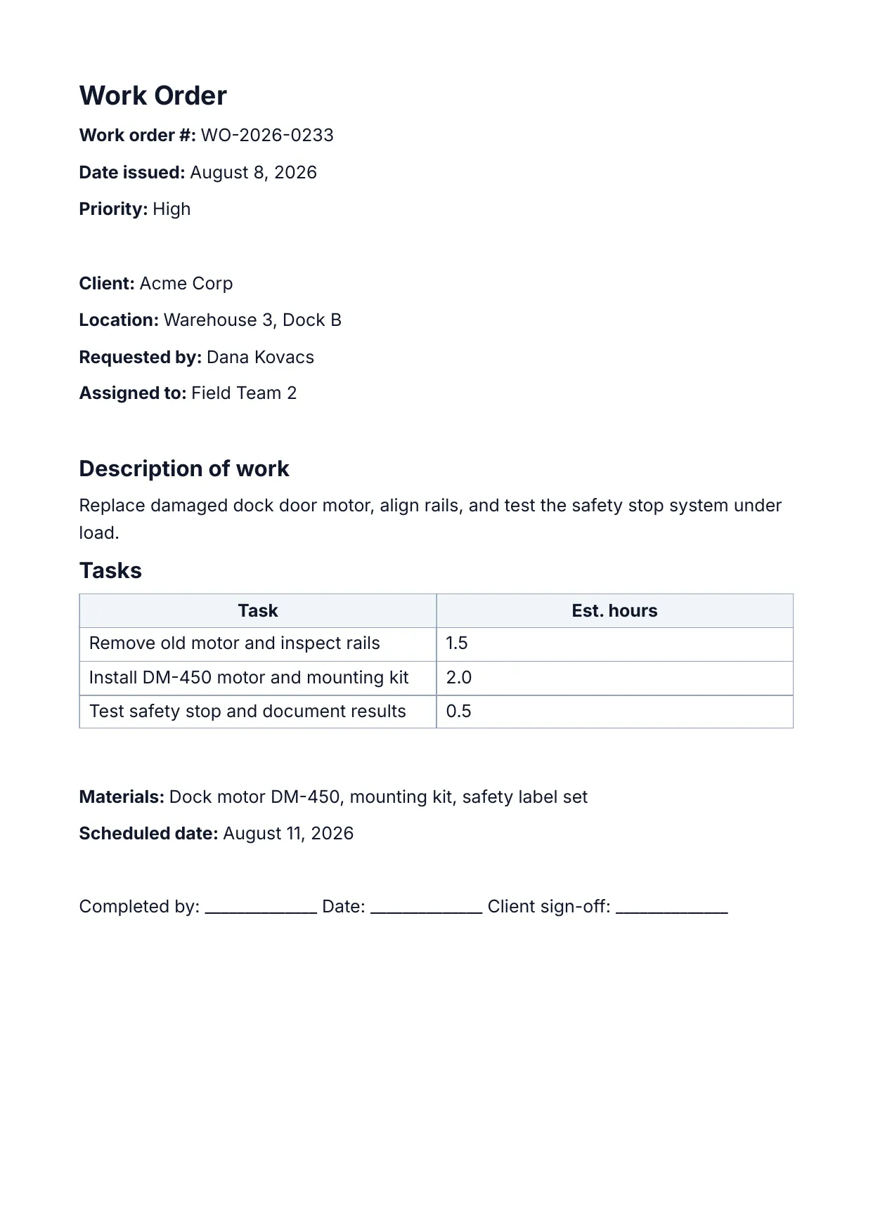 Work Order template rendered by DocMake