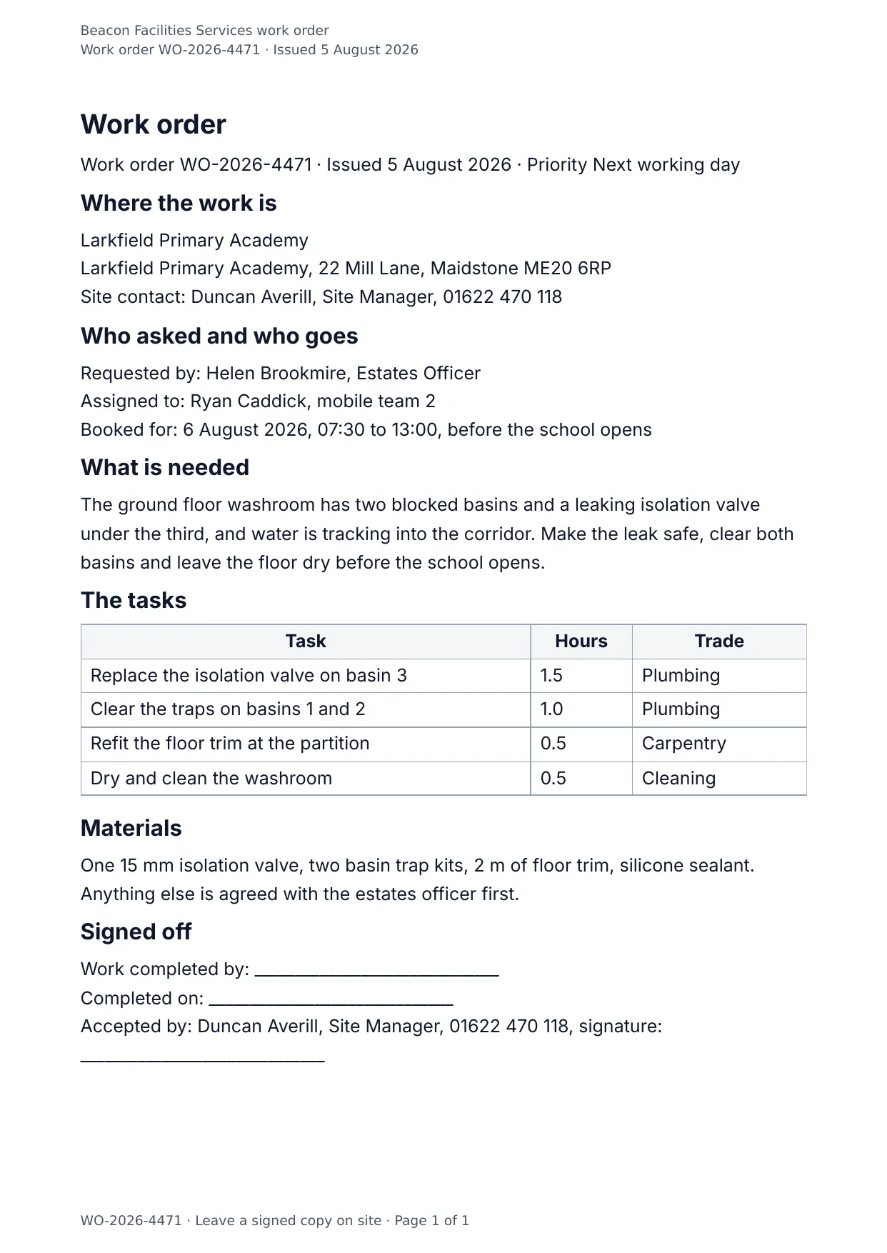 The document DocMake makes from the Work Order template